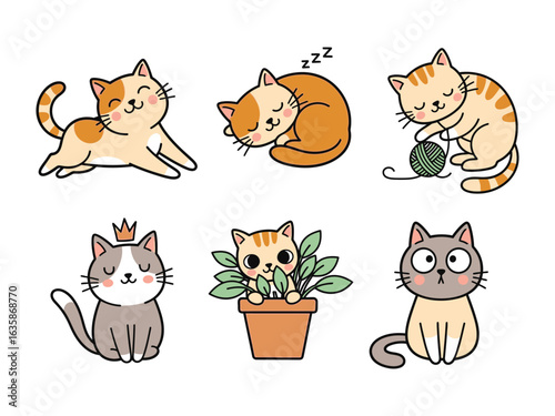 Adorable Cat Collection: A charming collection of six cute cats with unique expressions and poses, each cat embodies a different facet of feline personality, from playful to sleepy.