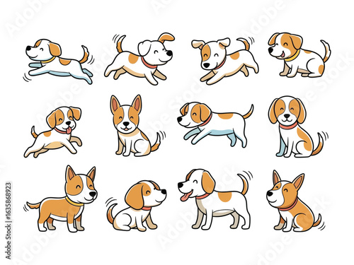 Whimsical Canine Carousel: A delightful cartoon array of playful dogs in dynamic poses, each showcasing their unique charm and boundless energy.
