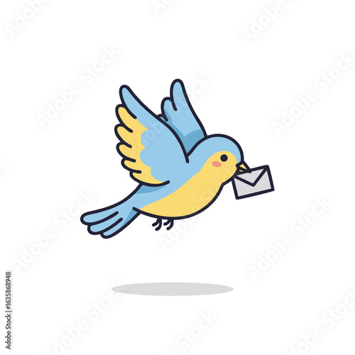 Cartoon bird flying with a letter in its beak, delivering mail or a message.
