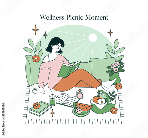 Relaxing Picnic with Book under the Sun - Vector Illustration