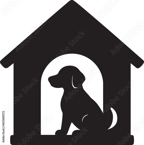 A silhouette of pet house with dog inside, domestic life, black on white