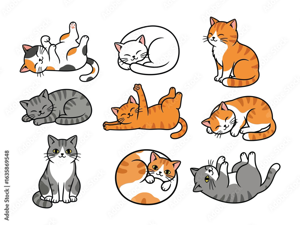 Naklejka premium Whimsical Cat Collection: A delightful assortment of illustrated cats in various playful poses. These adorable felines showcase their unique personalities through their playful antics. 