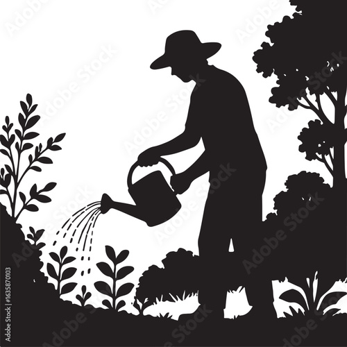A silhouette of person watering plants in garden, peaceful scene, black shape