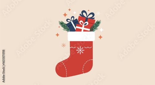 Gift-filled holiday stocking hanging against festive beige background for decoration