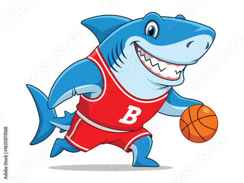 Basketball Shark's Dribble: A playful and cartoonish shark, donning basketball attire, energetically dribbles a basketball, showcasing agility and sportsmanship.