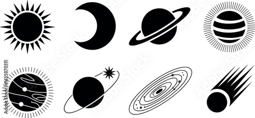 Collection of celestial bodies featuring sun moon planets galaxy and comet icons in a stylized black and white design