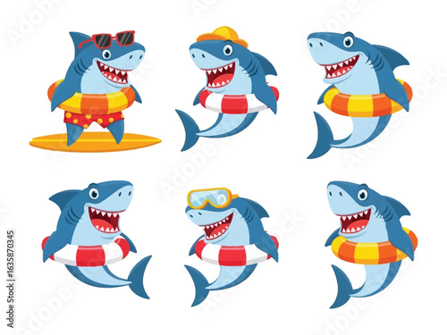 Shark's Summer Delight: A collection of friendly cartoon sharks, each embracing the summer vibe with unique accessories, radiating playful energy and sunny happiness.