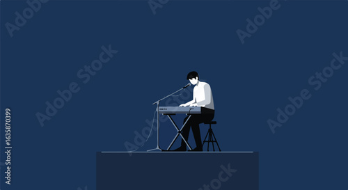 Person plays a keyboard onstage with a mic in concert, with a solid backdrop