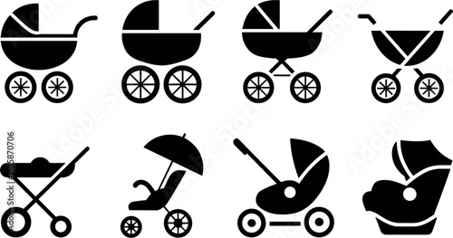 Collection of eight diverse silhouette icons representing various styles of baby strollers and prams