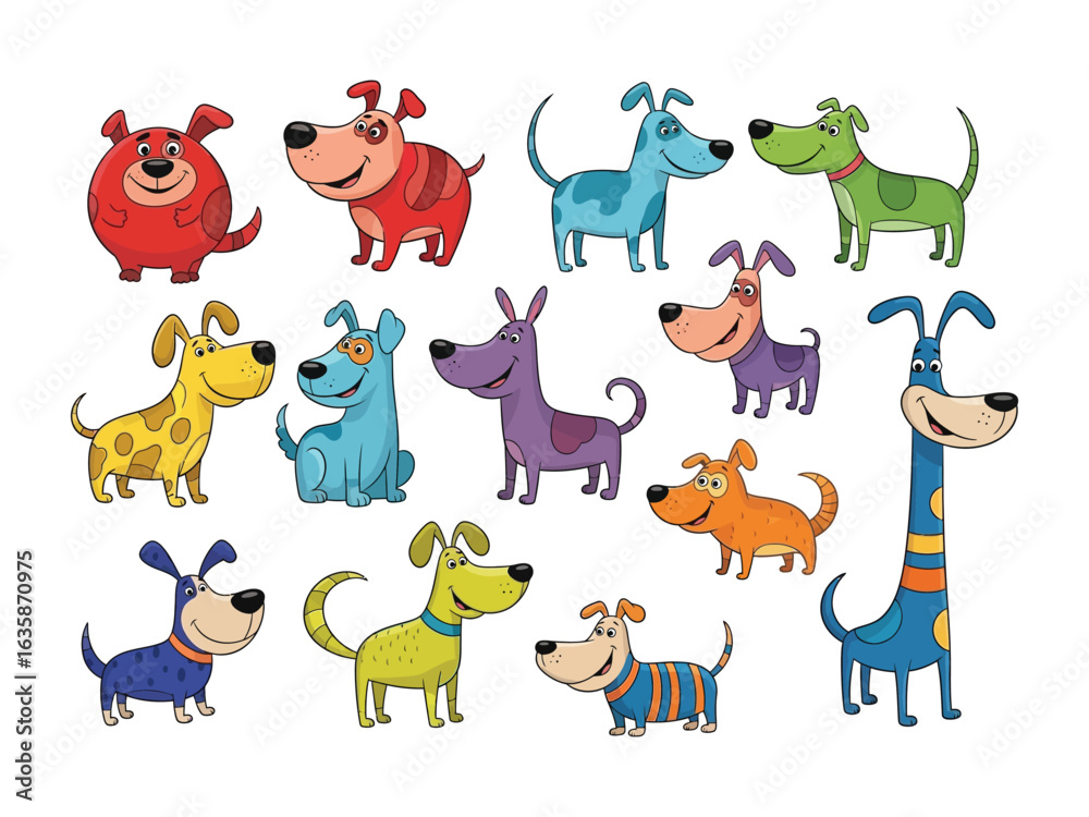 Naklejka premium Colorful Pup Extravaganza: A vibrant collection of cartoon dogs, each with their unique expressions and striking hues, bringing joy and playfulness.