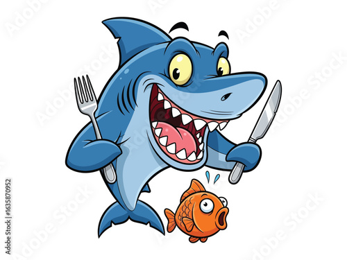 Shark with Cutlery: A jovial cartoon shark, poised with a fork and knife, humorously anticipates a meal, the focus of his hunger directed toward a startled goldfish.