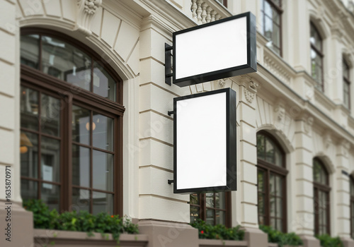 Signboard poster mockup on a facade of the building, blank space to display your advertising or branding campaign