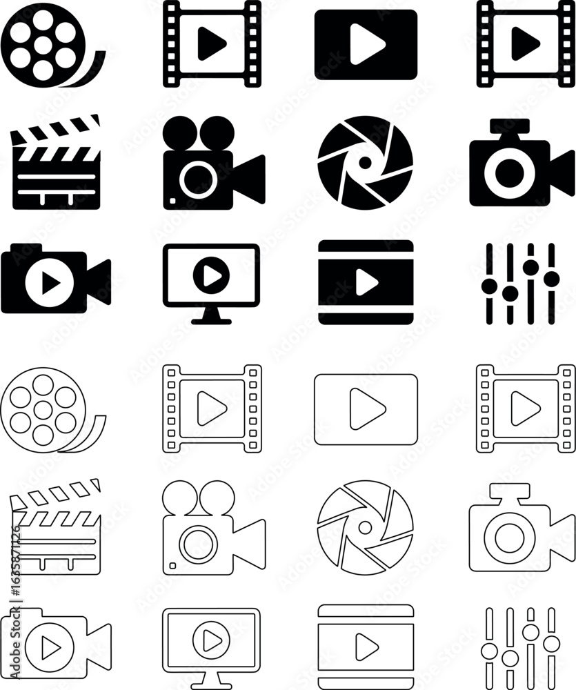 Obraz premium Collection of diverse video and film production icons representing playback recording and editing processes