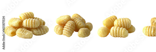 Four piles of light yellow pasta, likely gnocchi or similar, showing a ridged, textured surface