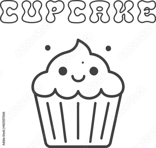 Cute kawaii cupcake coloring page for kids, black and white vector illustration of smiling sweet dessert, cartoon-style cupcake line art, fun printable worksheet for children’s creative coloring 