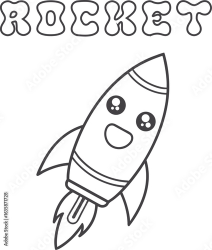 Cute kawaii rocket coloring page for kids, black and white vector illustration of smiling rocket ship, cartoon-style space vehicle line art, fun printable worksheet for children’s creative coloring ac