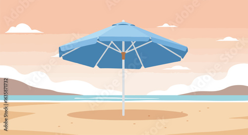 Blue beach umbrella shading a beach scene by the coast with cloud filled sky