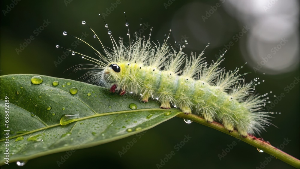 Naklejka premium Closeup of a green caterpillar with water droplets on a leaf