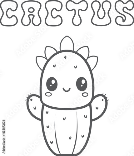 Cute kawaii cactus coloring page for kids, black and white vector illustration of smiling succulent plant, cartoon-style desert plant line art, fun printable worksheet for children’s creative coloring