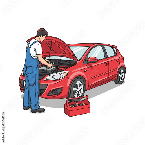 Mechanic Repairing Red Car Engine, Auto Repair Service
