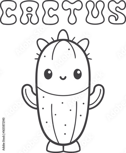 Cute kawaii cactus coloring page for kids, black and white vector illustration of smiling succulent plant, cartoon-style desert plant line art, fun printable worksheet for children’s creative coloring