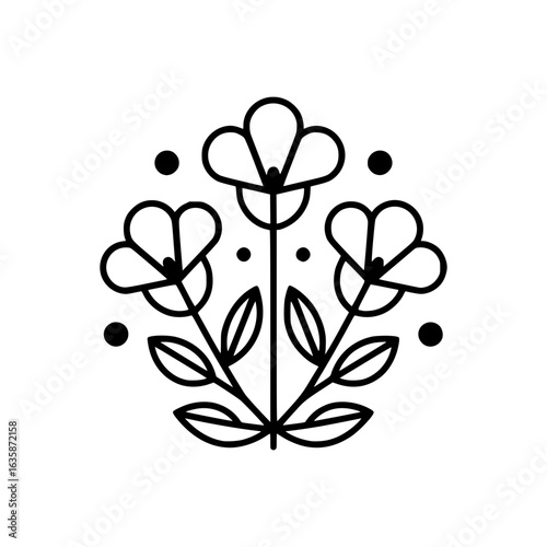 Floral Delicacy: A refined botanical illustration unveils three stylized flowers, with a delicate interplay of petals, leaves, and dots.