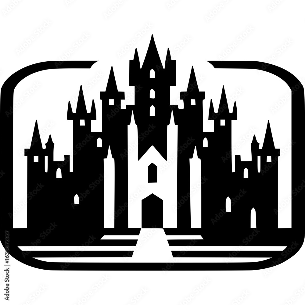 Fototapeta premium Silhouette of an Enchanting Fortress: A captivating illustration presents a silhouette of a majestic castle, exuding a sense of history, mystery, and architectural grandeur.