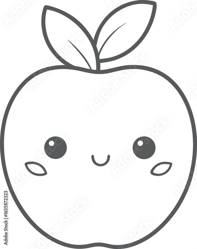 Kawaii cute apple coloring page for kids, black and white vector illustration of smiling fruit, cartoon-style line art, fun printable worksheet for children’s creative coloring activities