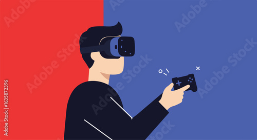 VR User with Controller, Red and Blue Split Background. Future Tech Advertisement