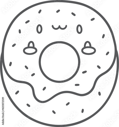 Kawaii cute donut coloring page for kids, black and white vector illustration of smiling dessert with frosting and sprinkles, cartoon-style line art, fun printable worksheet for children’s coloring ac