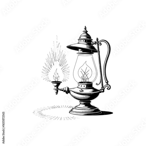 Enlightened Elegance: A beautifully crafted oil lamp, radiating a warm and inviting glow, evokes a sense of old-world charm, guiding the way with its timeless illumination. 