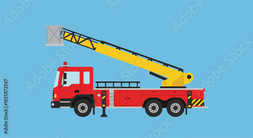 Isolated red fire truck, yellow crane, against blue, ready for graphic projects