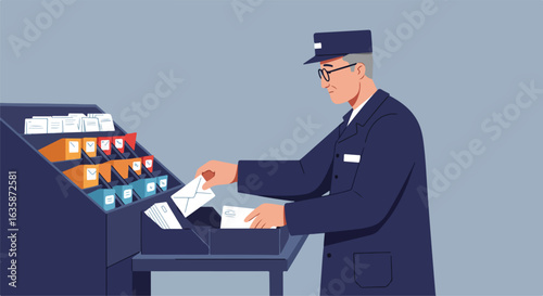 Mailman sorts letters at postal office; abstract background. Use communication