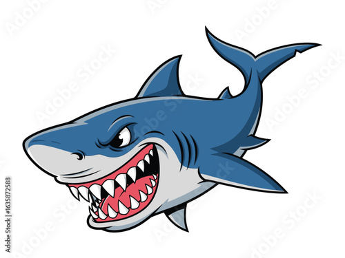 Mischievous Ocean Predator: A vibrant illustration of a fierce shark, showcasing sharp teeth, a menacing gaze, and a dynamic pose that exudes power and intimidation.