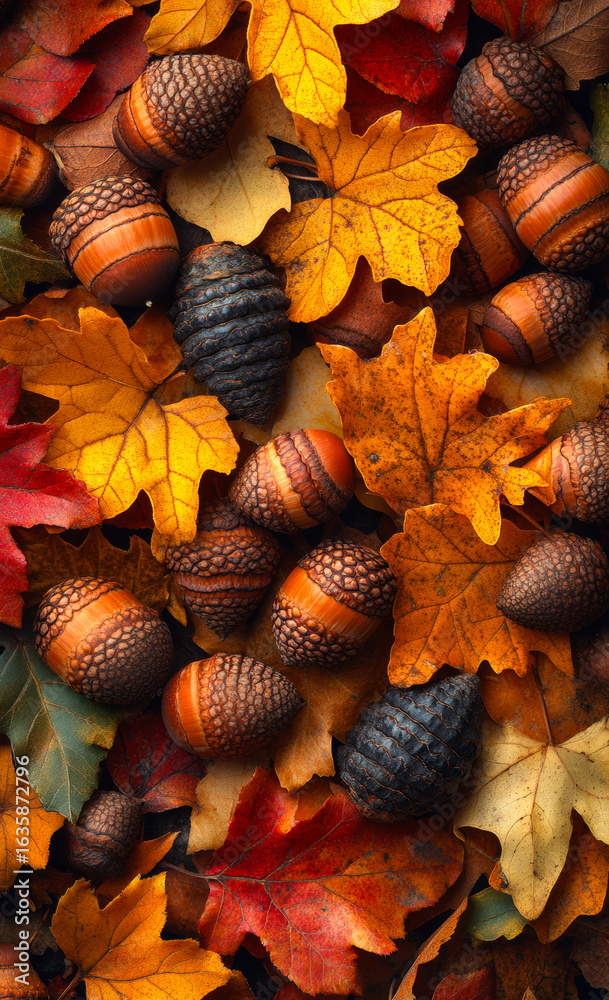 Fototapeta premium Acorns and leaves scattered in autumn. Colorful autumn leaves and acorns are scattered on a surface, showcasing rich textures and seasonal tones of fall.