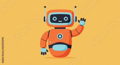 Happy Robot Waving on Plain Background for Automation or Technology Concepts