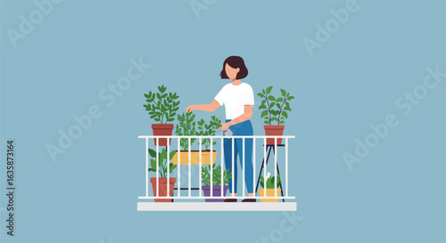Woman gardening, tending plants on balcony, with blue background for wellness ad