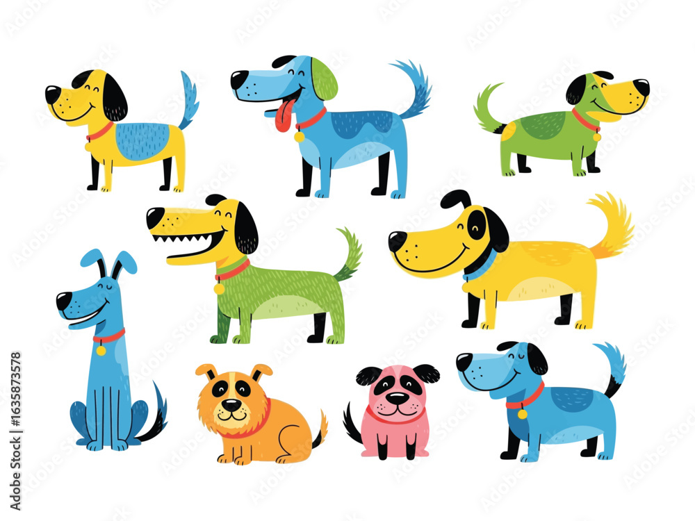Obraz na plátně Cartoon Dogs Delight: A playful collection of animated dogs in various colors and joyful expressions, perfect for children's illustrations and cheerful design projects