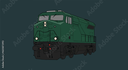 Green Train Engine Idling on Track in Dark Background for Transportation Design