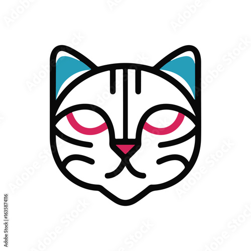 Stylized cat face icon with blue ears and pink eyes, perfect for pet, playful, or digital art themes. Ideal for logos, stickers, or creative designs.