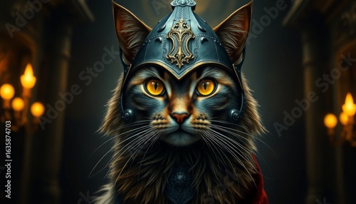 Cat wearing a medieval helmet, portrait