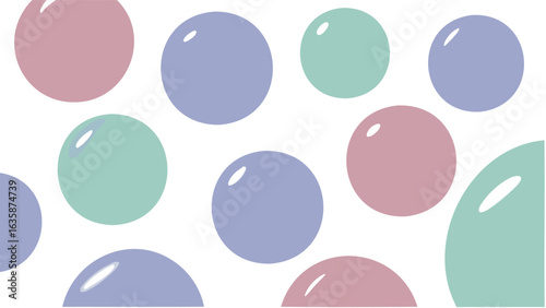 Illustration of pastel colored orbs with white highlights scattered across a white background space