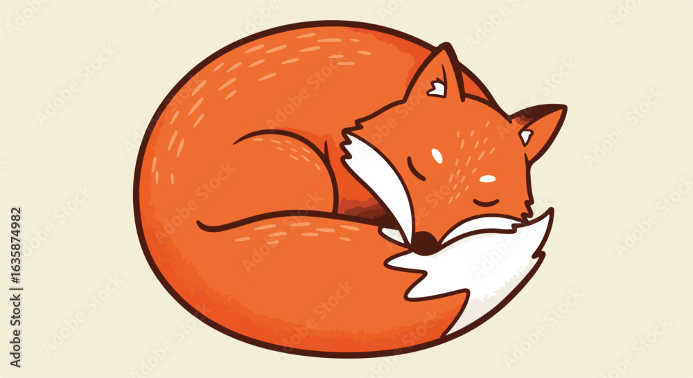 Fototapeta premium Cartoon Fox Sleeping Curled Up, on Plain Backdrop, for children’s books or design