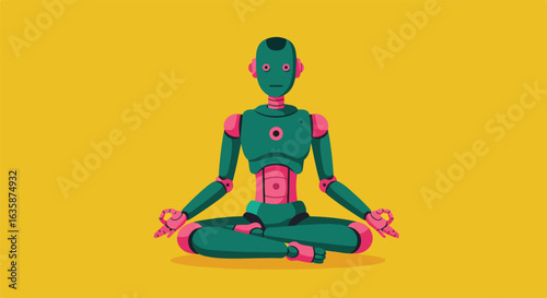 Robot meditating in lotus position on flat yellow background for calm use cases
