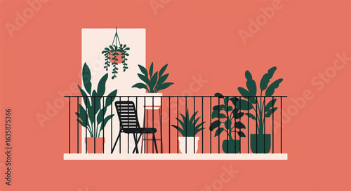 Potted plants on an outdoor balcony with a chair; Background is a flat color