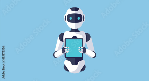 Robot holding tablet; artificial intelligence concept on solid blue background