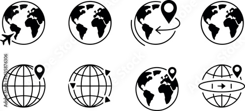 Collection of stylized earth globe icons illustrating travel navigation and global connectivity concepts