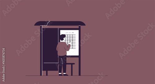 Person checks schedule at bus stop. Use Info graphic, transportation, urban life