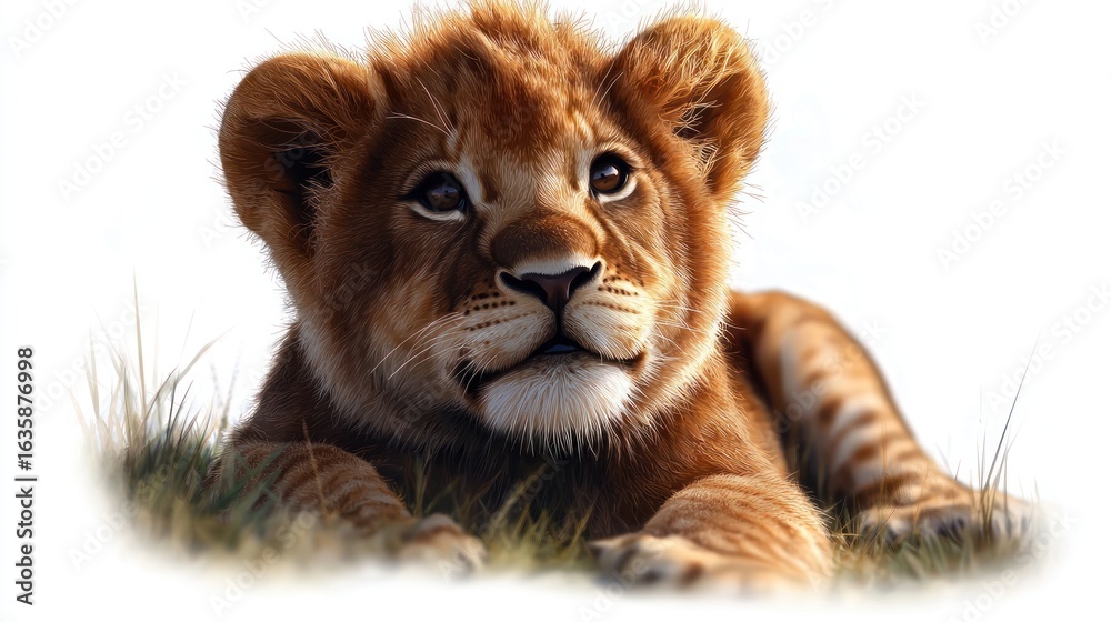 Obraz premium Cute lion cub in savanna grass, looking up. Wildlife conservation