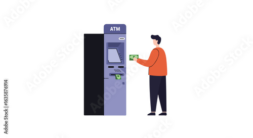 Man receiving cash from an automated teller machine in a transaction at an ATM